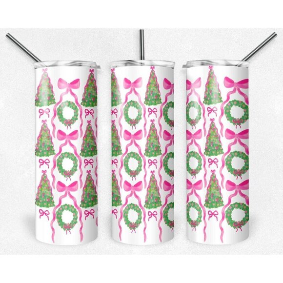 20 oz Skinny Tumbler, Pink Bow Tree and Wreaths Pattern - Picture 1 of 1